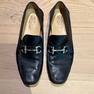 Salvatore Ferragamo Men's Black Leather Loafers with Silver Bit